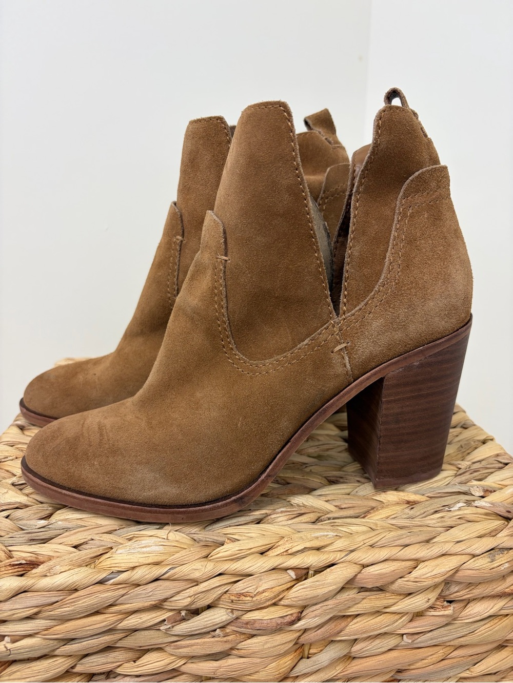 Dolce Vita Tan Suede Western Cutout Ankle Booties